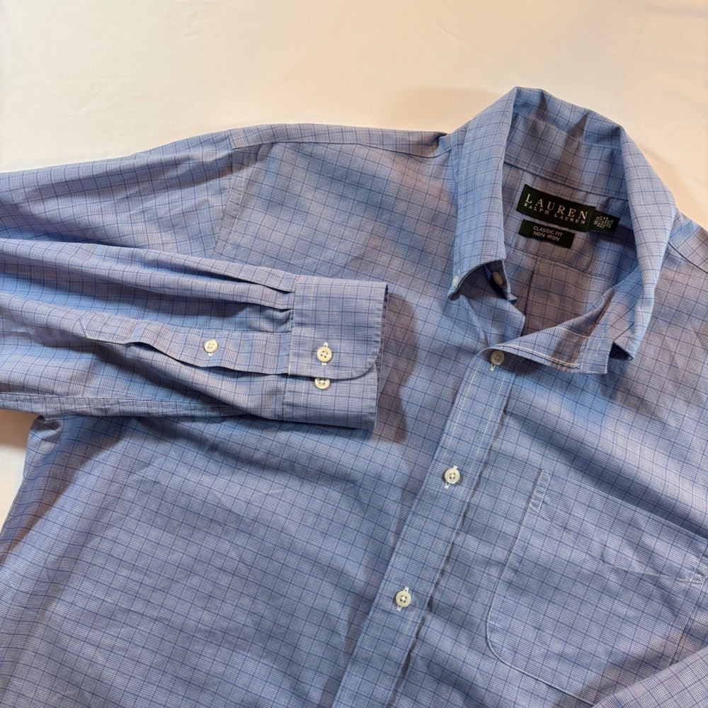 Lauren Ralph Lauren Dress Shirt Mens 16.5 36/37 Blue Micro Check No Iron Classic